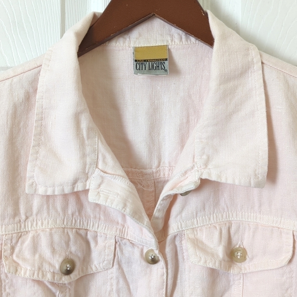 City Lights 90's Vintage 100% Linen Long Sleeve Button Down Shirt Baby Pink M - Picture 2 of 15